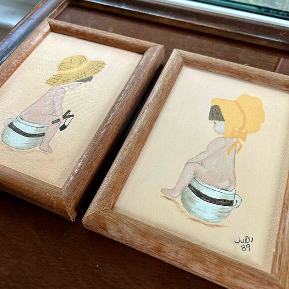 Vintage Framed Paintings Boy And Girl on Chamber Pots, set of 2 - Picture 10 of 11